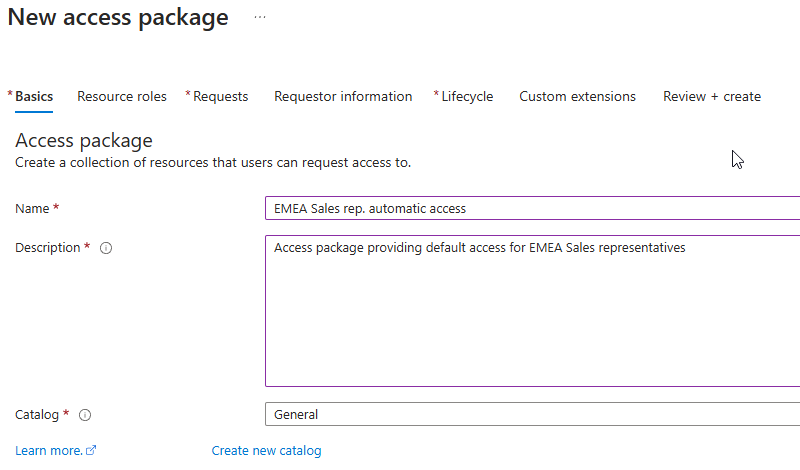 Access package creation screen showing fields for name, description, and catalog. Example text: "EMEA Sales rep. automatic access."