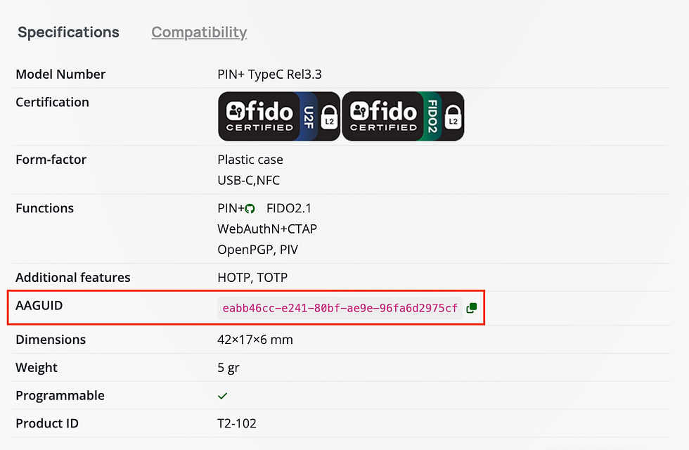 Specifications table for a device with PIN+ TypeC, FIDO certified, USB-C, NFC, and programmable features. Highlighted AAGUID in red.