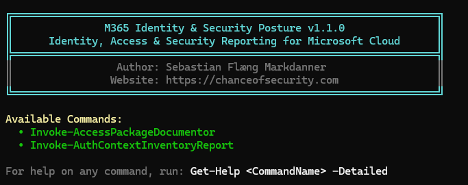 M365 Identity & Security Posture v1.1.0 interface with command options. Black background, cyan and green text. Website link included.