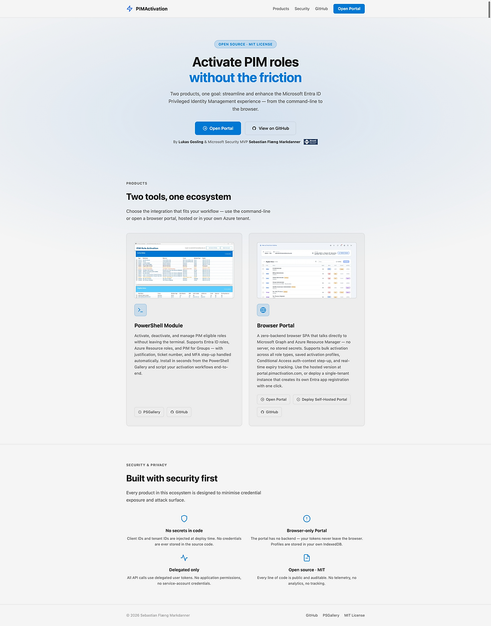 Web page promoting PIMActivation for Microsoft Entra ID. Features include PowerShell Module and Browser Portal to streamline role management.