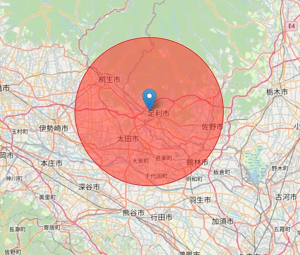 あい在宅ケアマッサージの拠点から半径16km圏内
