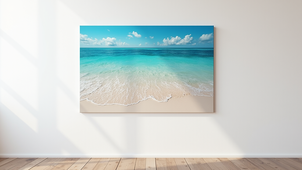 Eye-level view of a vibrant beach painting hanging on a white wall