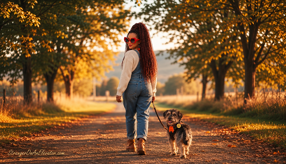 Over-the-shoulder view of a woman in red eyeglasses walking outdoors with a small dog on a quiet path.