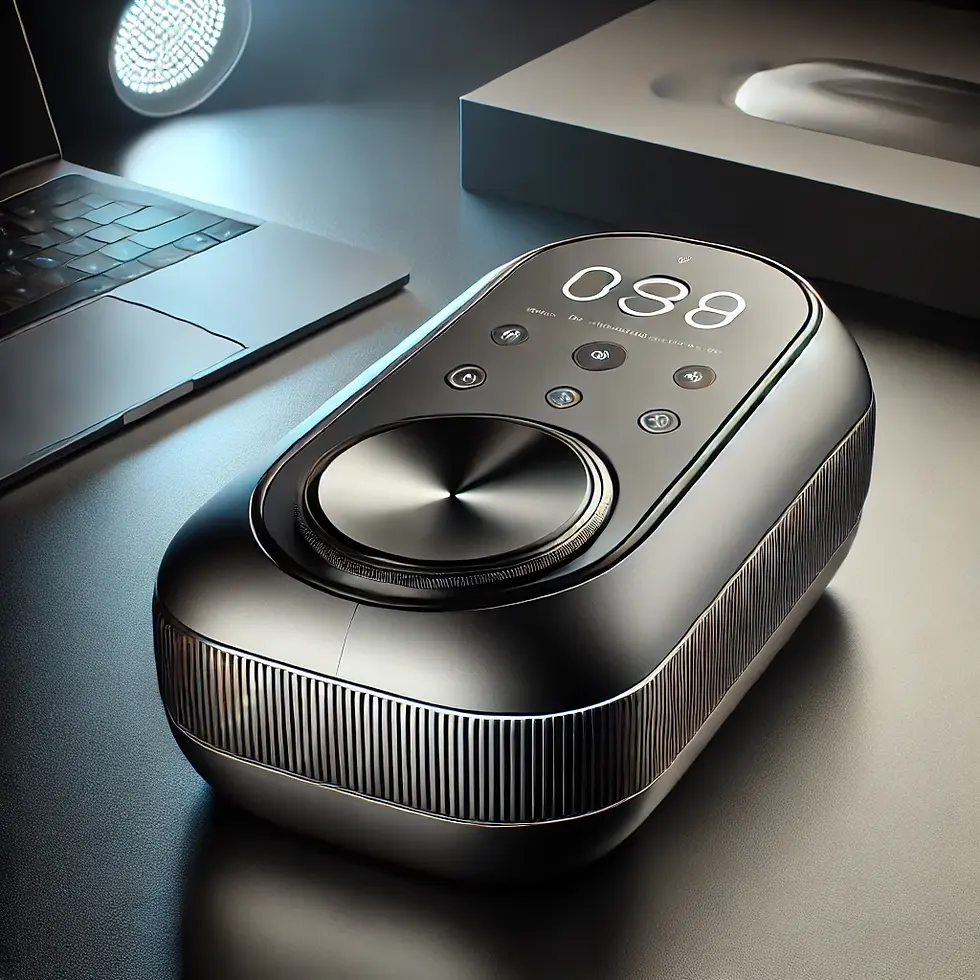 Sleek black audio device with digital display reading 038, set on a desk beside a laptop and spotlight. Modern, tech-focused ambiance.