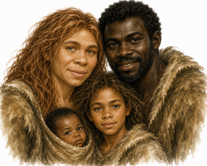 Dona neandertal i home sàpiens, amb fills híbrids. Imatge creada amb ChatGPT.
