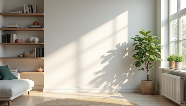 Eye-level view of a neatly organized living room with minimal furniture and natural light