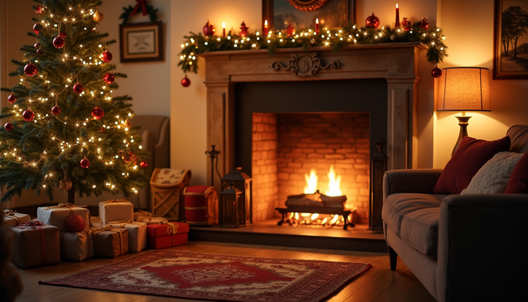 Eye-level view of a cozy winter scene with holiday decorations and a glowing fireplace