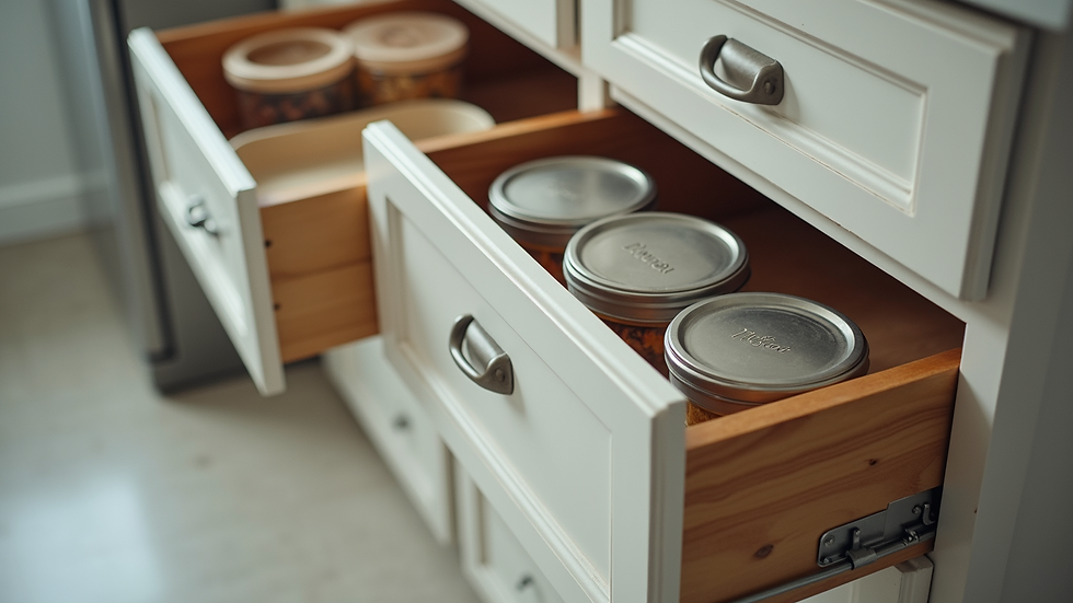 Eye-level view of neatly arranged kitchen drawers with labeled containers