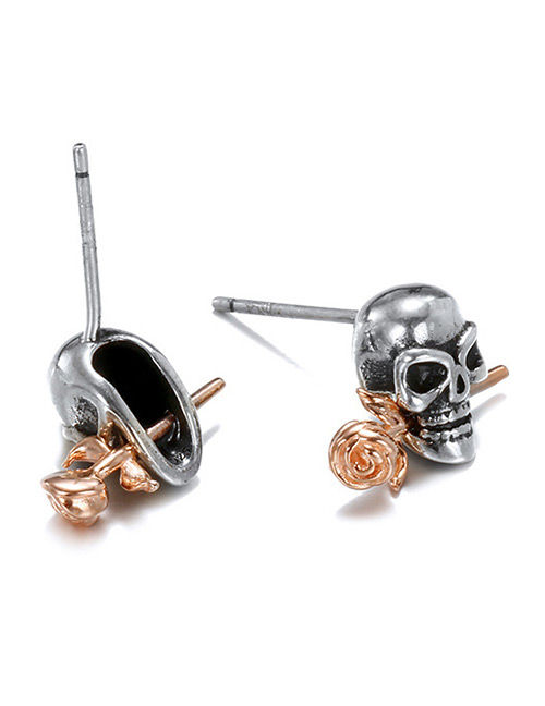 Miniatura: Aretes calavera y rosa: diseño rockero vintage