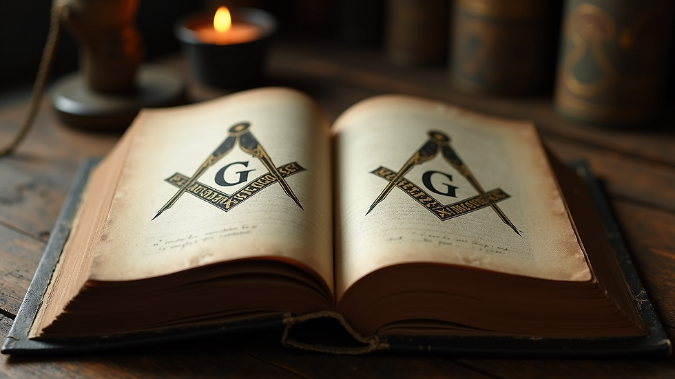 Eye-level view of an old book opened to pages with Masonic symbols and numbers