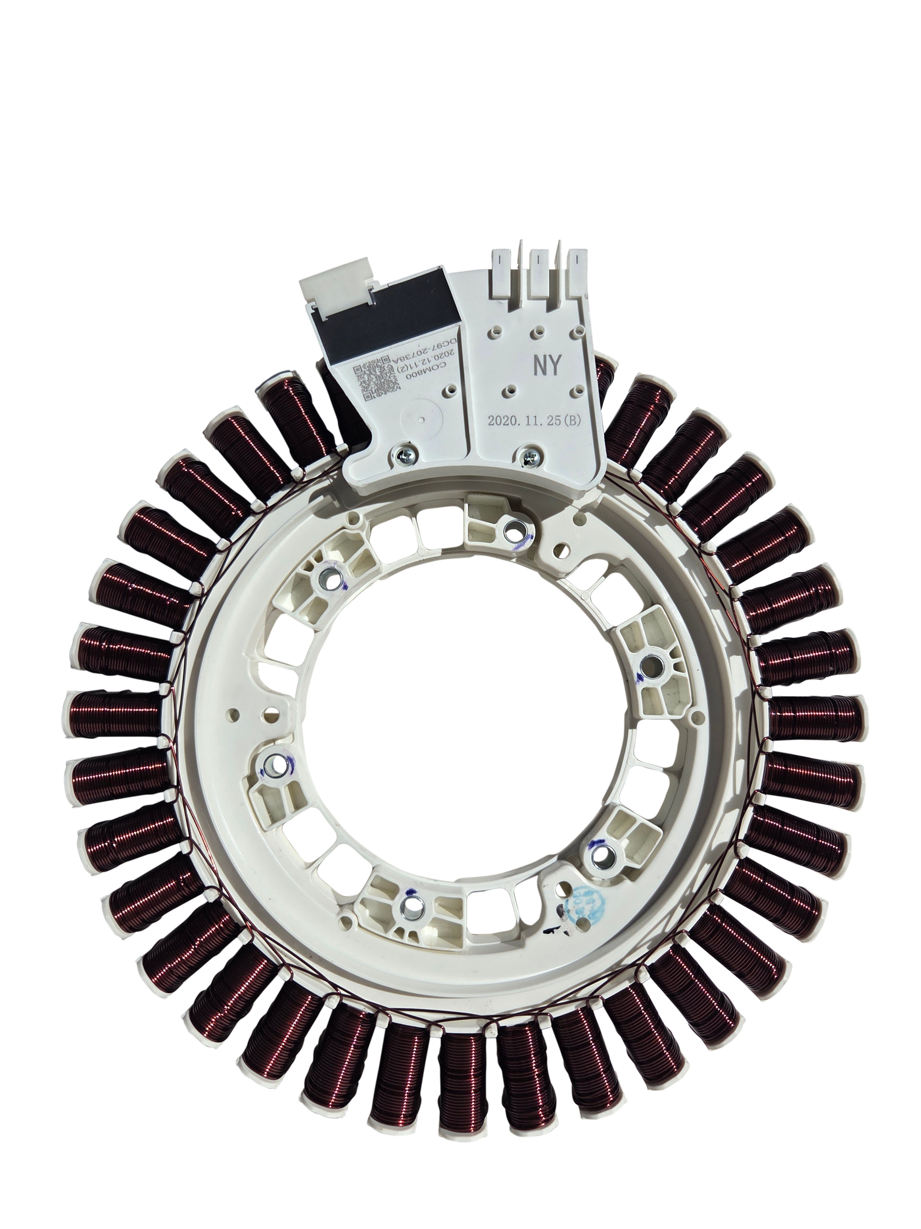 Vista frontal del estator tipo corona con bobinas de cobre para lavadora Samsung DC97-20738A.