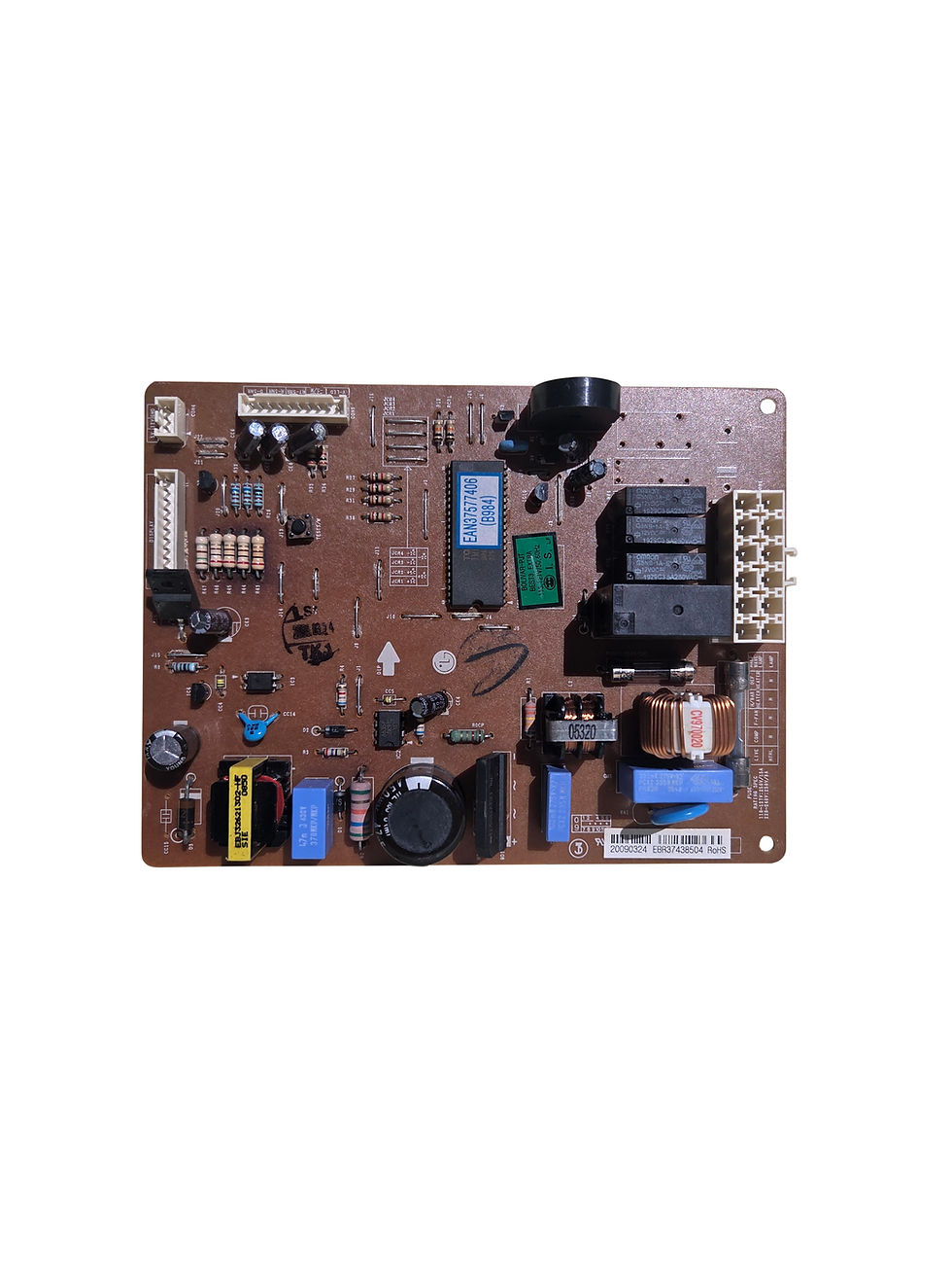Tarjeta electrónica principal para nevera LG EBR37438504 con transformador, condensadores, relés y fusible de protección.