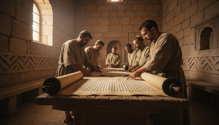 Wide-angle view of an ancient synagogue gathering with scrolls open on a wooden table
