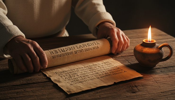 Close-up view of hands unrolling an ancient parchment beside a small oil lamp