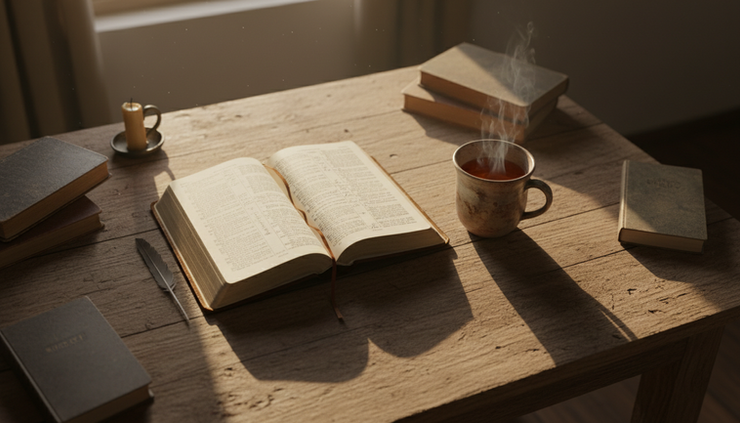 Overhead view of a simple table with a Bible open beside a cup of tea