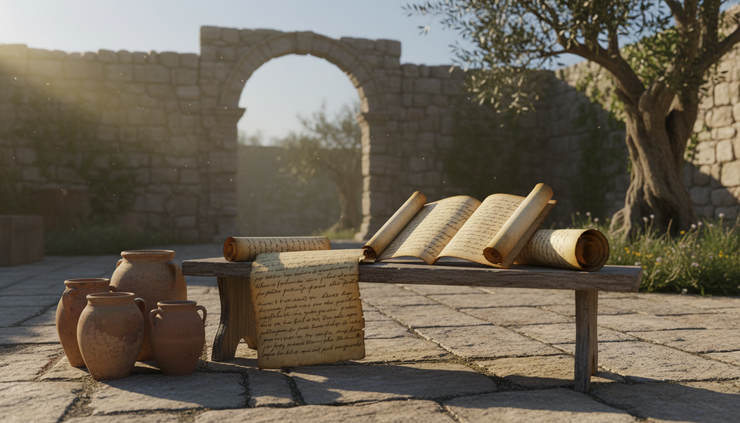 Eye-level view of a quiet stone courtyard with open scrolls resting on a low bench