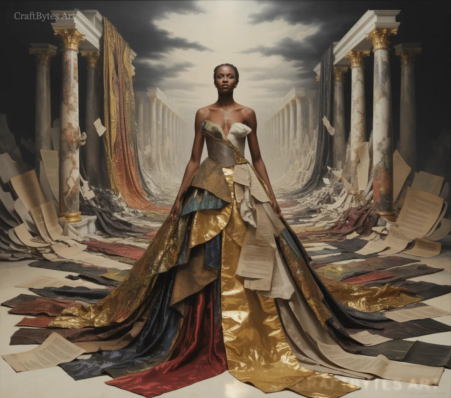 CraftBytes Art - Woman in elaborate gown made of documents and fabric, classical hall