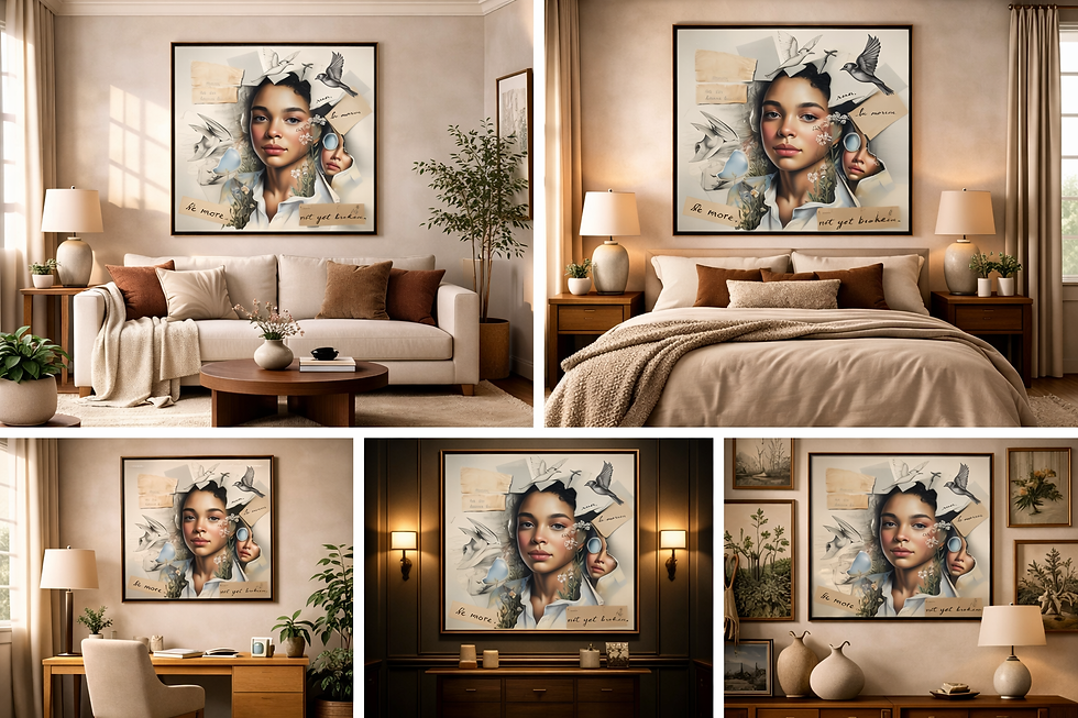 Thumbnail: CraftBytes Art Digital Fine Art print of a woman with birds, shown in five different room decors.