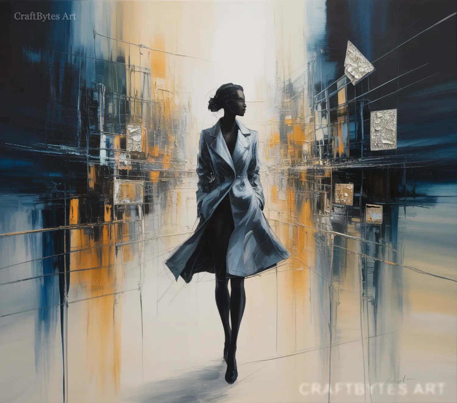 CraftBytes Art Digital Fine Art Solitary woman in a blue coat walks through an abstract city.