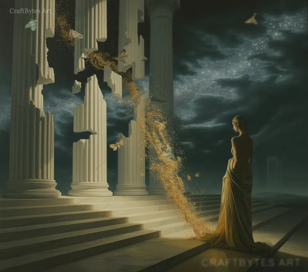 Thumbnail: CraftBytes Art - Woman watching light flow from crumbling columns