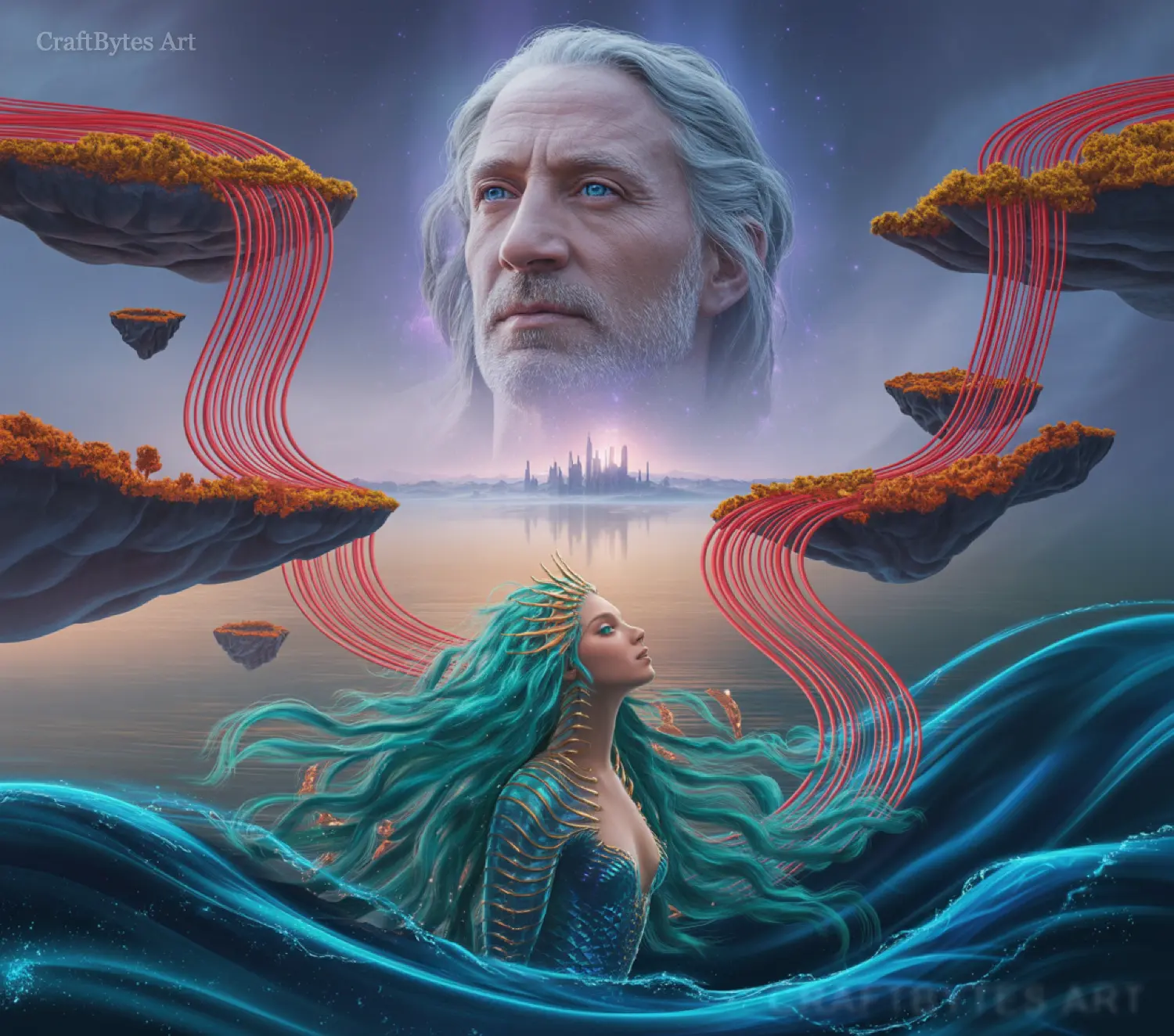 CraftBytes Art - Fantasy art of stern man's face over crowned woman, teal hair, rising from water