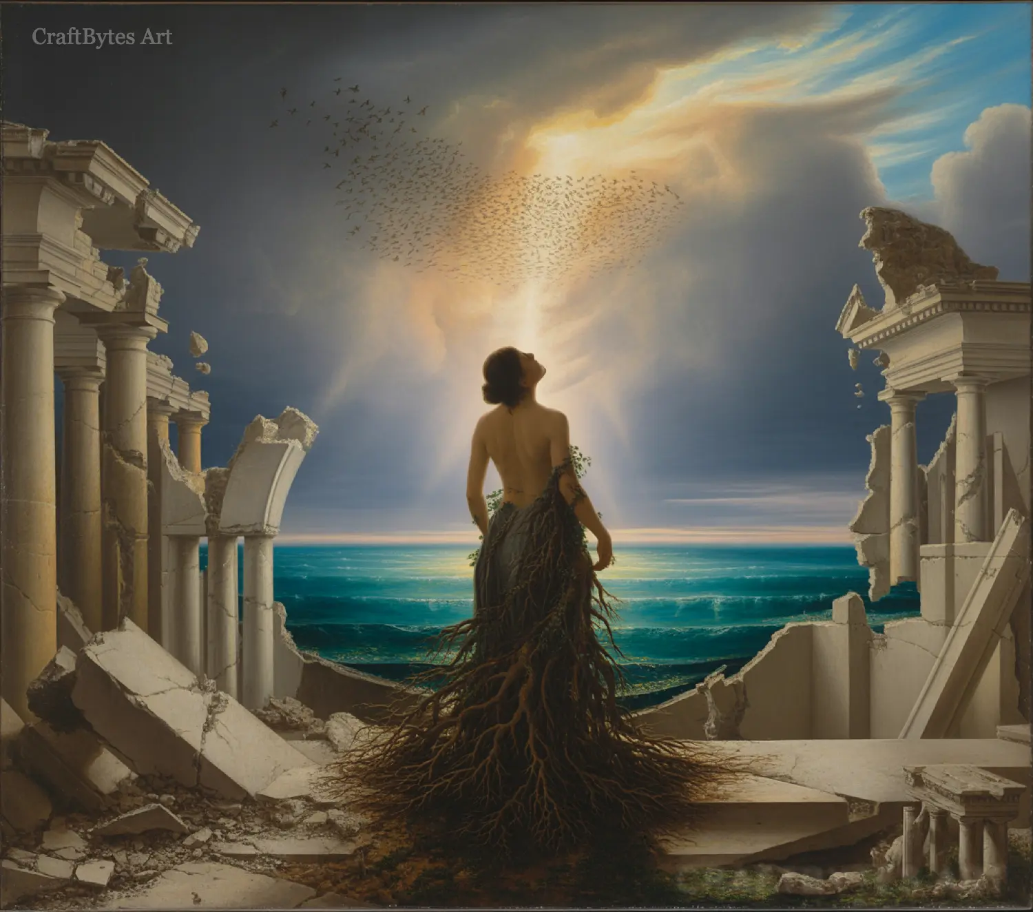 CraftBytes Art - Woman in ruins looking at sea as light breaks through clouds