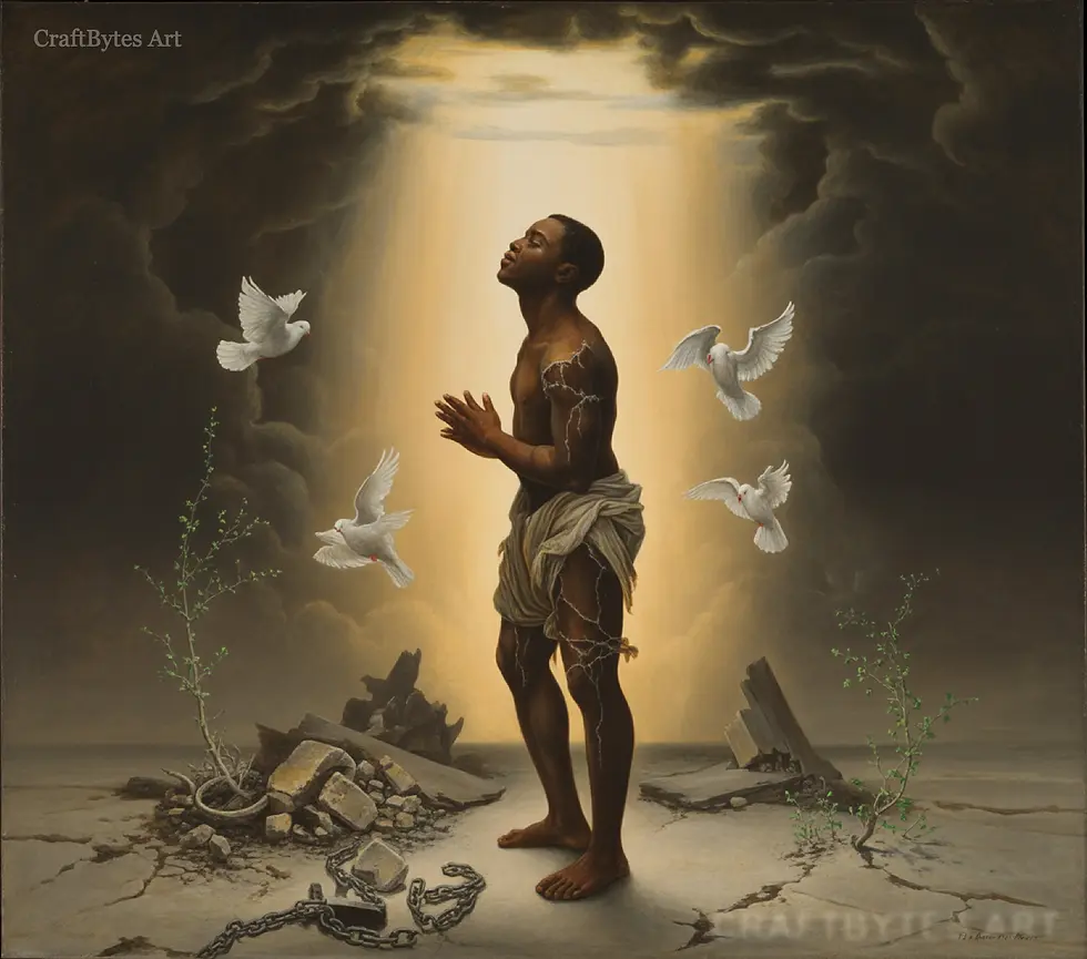 Thumbnail: CraftBytes Art - A man prayerfully looks up to light, surrounded by doves and broken chains.
