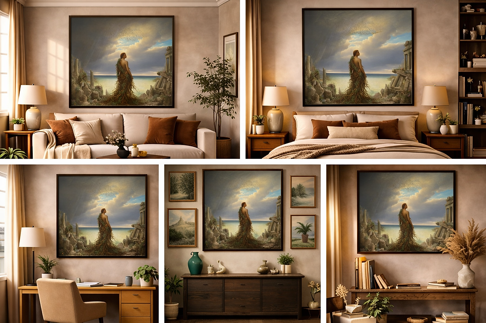 Thumbnail: CraftBytes Art Digital Fine Art Artwork 'Where the Light Entered Quietly' in five room settings