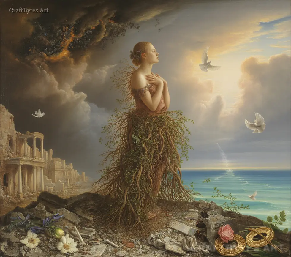 Thumbnail: CraftBytes Art - Woman with root dress on ruins, looking towards light