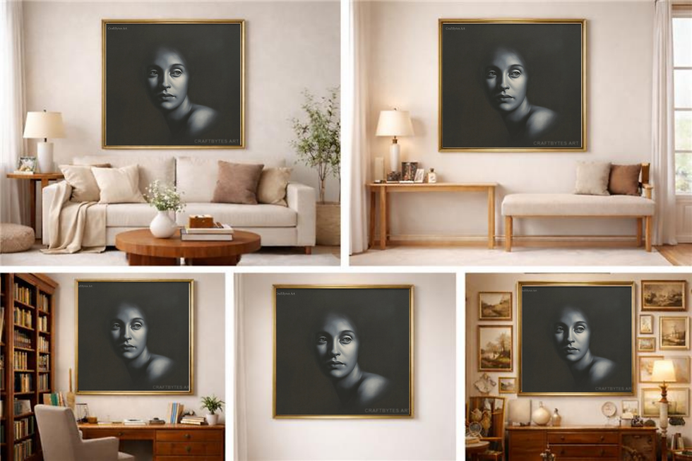 Thumbnail: CraftBytes Art Digital Fine Art Painting "Where the Silence Looked Back and Reflected in Us" in five room settings