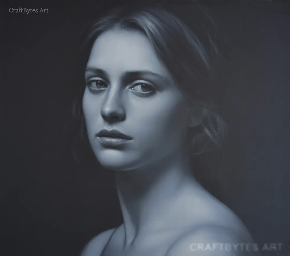 Thumbnail: CraftBytes Art - Grayscale portrait of a young woman with a direct gaze