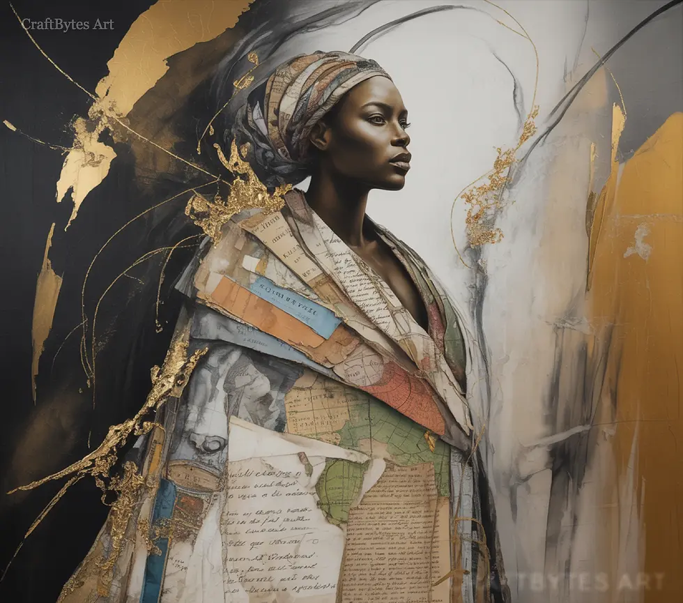Thumbnail: CraftBytes Art - Regal woman in map-print dress, abstract gold background