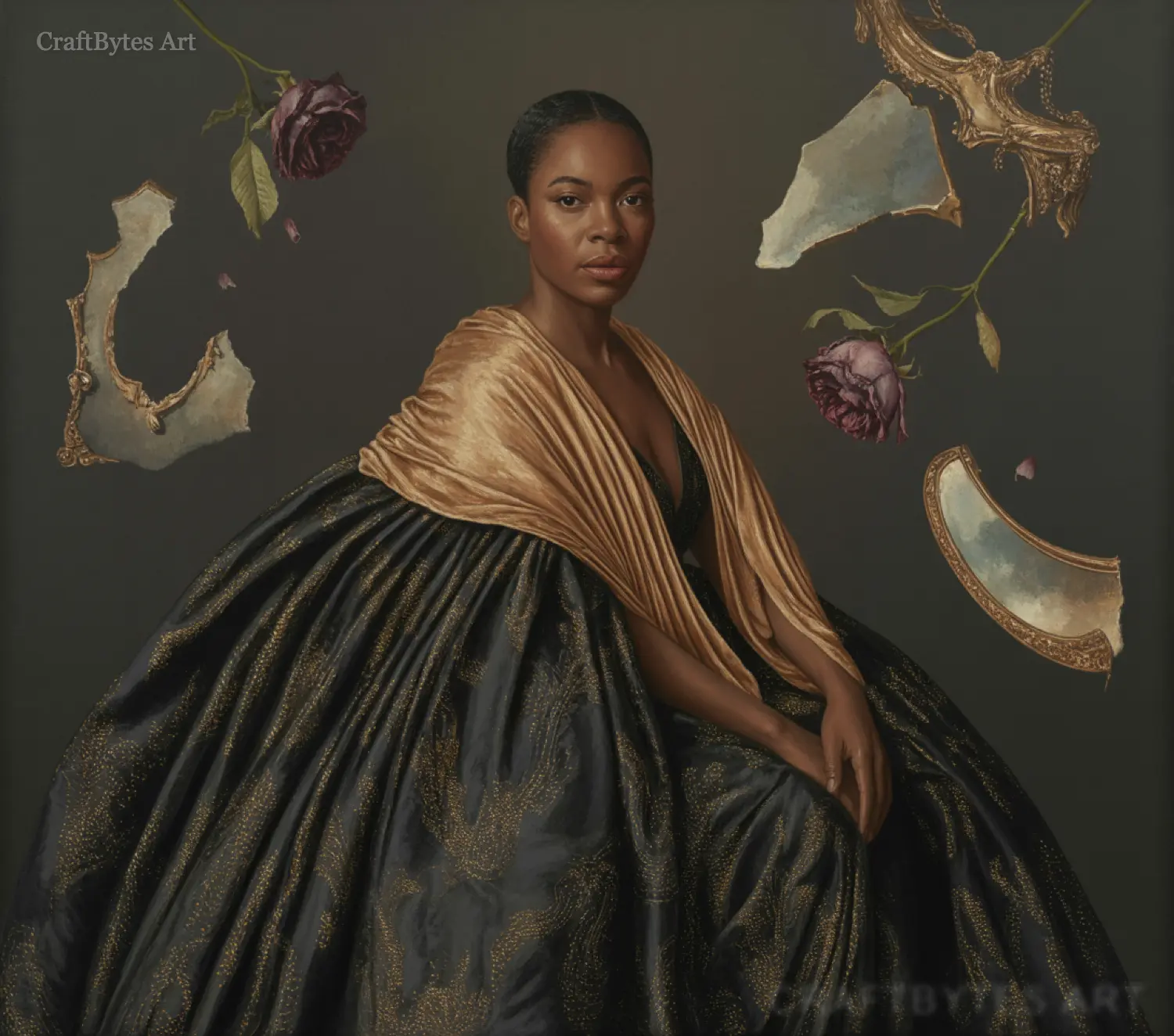 CraftBytes Art - Painting: Woman in golden shawl, dark dress, broken frames, dark roses.