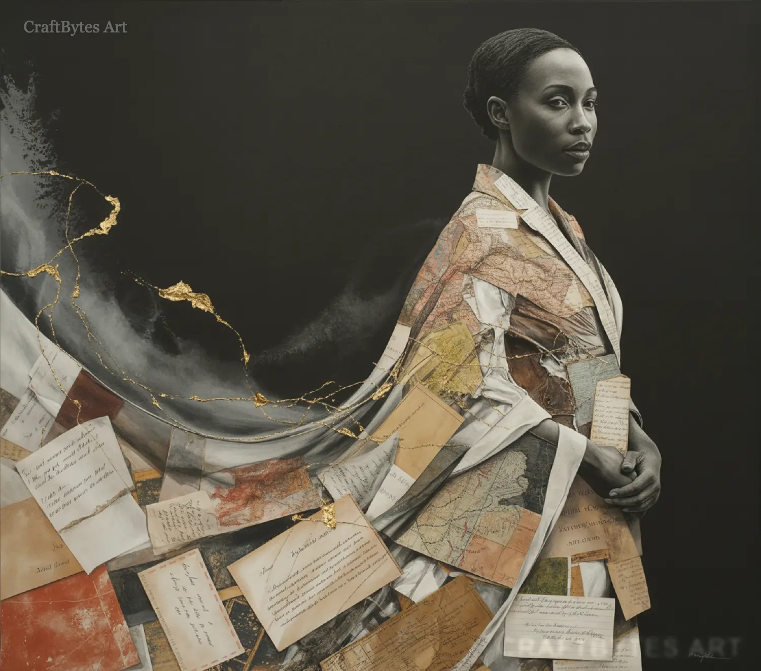 CraftBytes Art - Woman in gown of old papers, maps, and text, flowing into ash