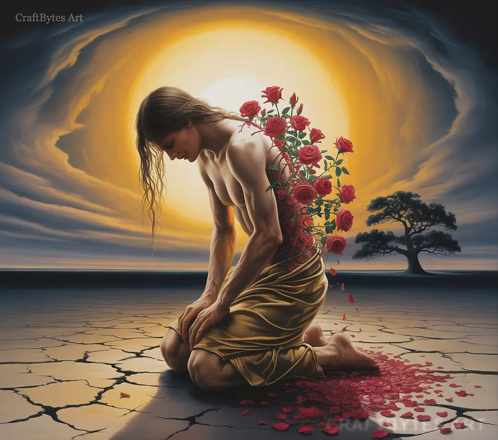 Thumbnail: CraftBytes Art - Kneeling figure, roses blooming from back on cracked earth