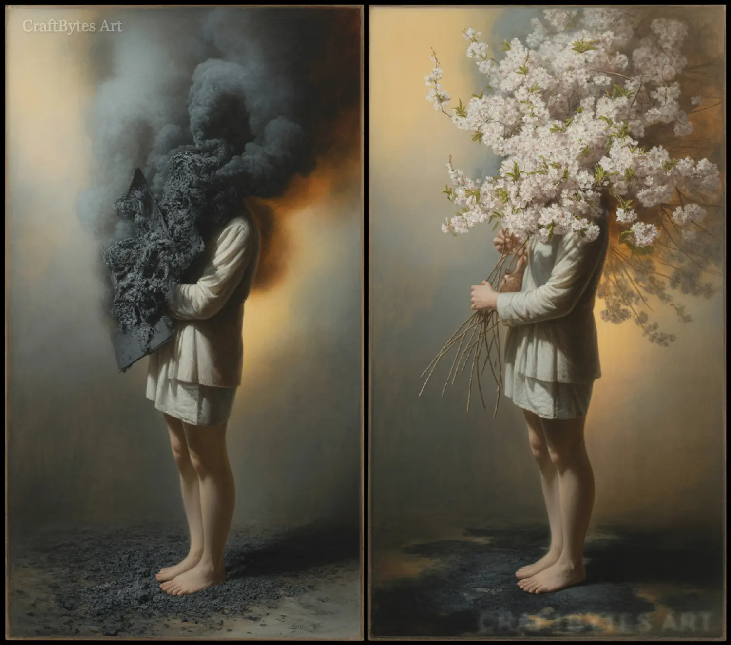 CraftBytes Art Digital Fine Art Figure consumed by smoke, contrasted with white blossoms