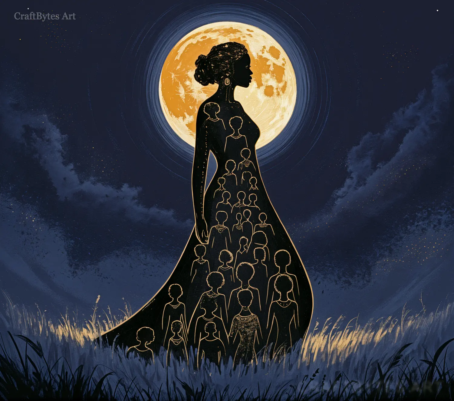 CraftBytes Art - Woman's silhouette, people within her, under a full moon.
