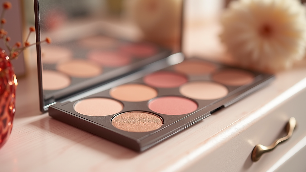 Eye-level view of cream blush and neutral eyeshadow palette on a vanity