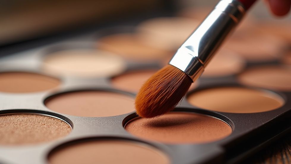 Eye-level view of a makeup brush applying bronzer on a palette