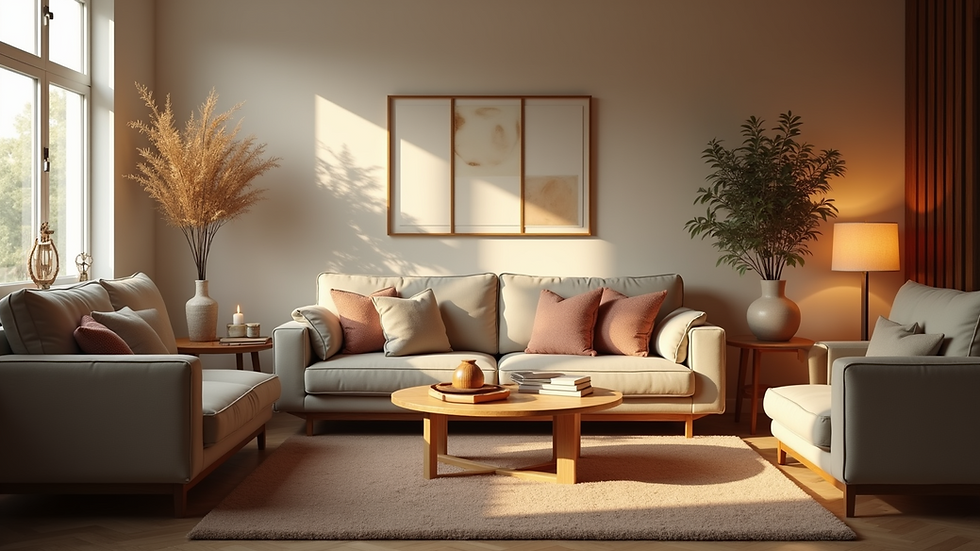 Eye-level view of a cozy living room with a comforting atmosphere