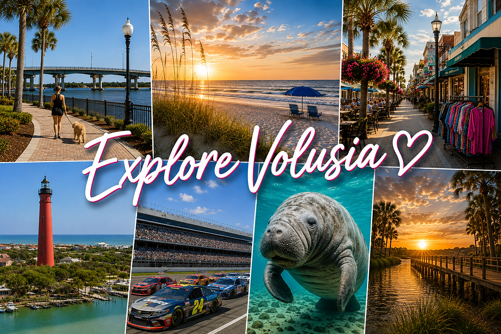 Collage of local attractions and things to do throughout Volusia County, Florida.