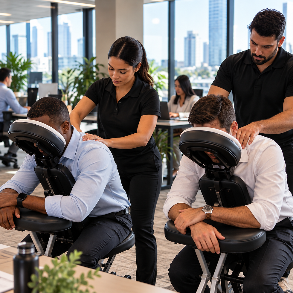 Two professional massage therapists providing on-site chair massages to employees in a modern corporate office, promoting workplace wellness, muscle tension relief, and employee well-being.
