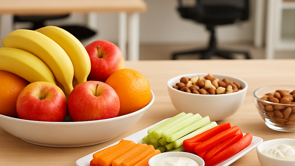 Close-up view of a healthy snack station in an office kitchen