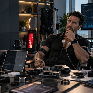 Modern professional surrounded by biohacking technology and performance tracking devices