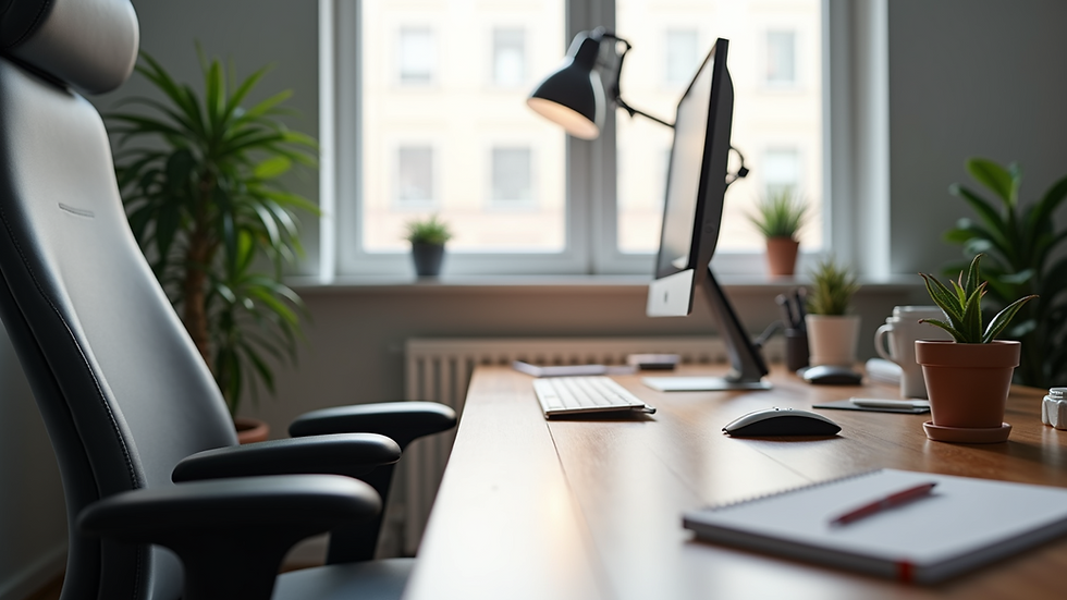 Eye-level view of a modern flexible desk setup with ergonomic chair