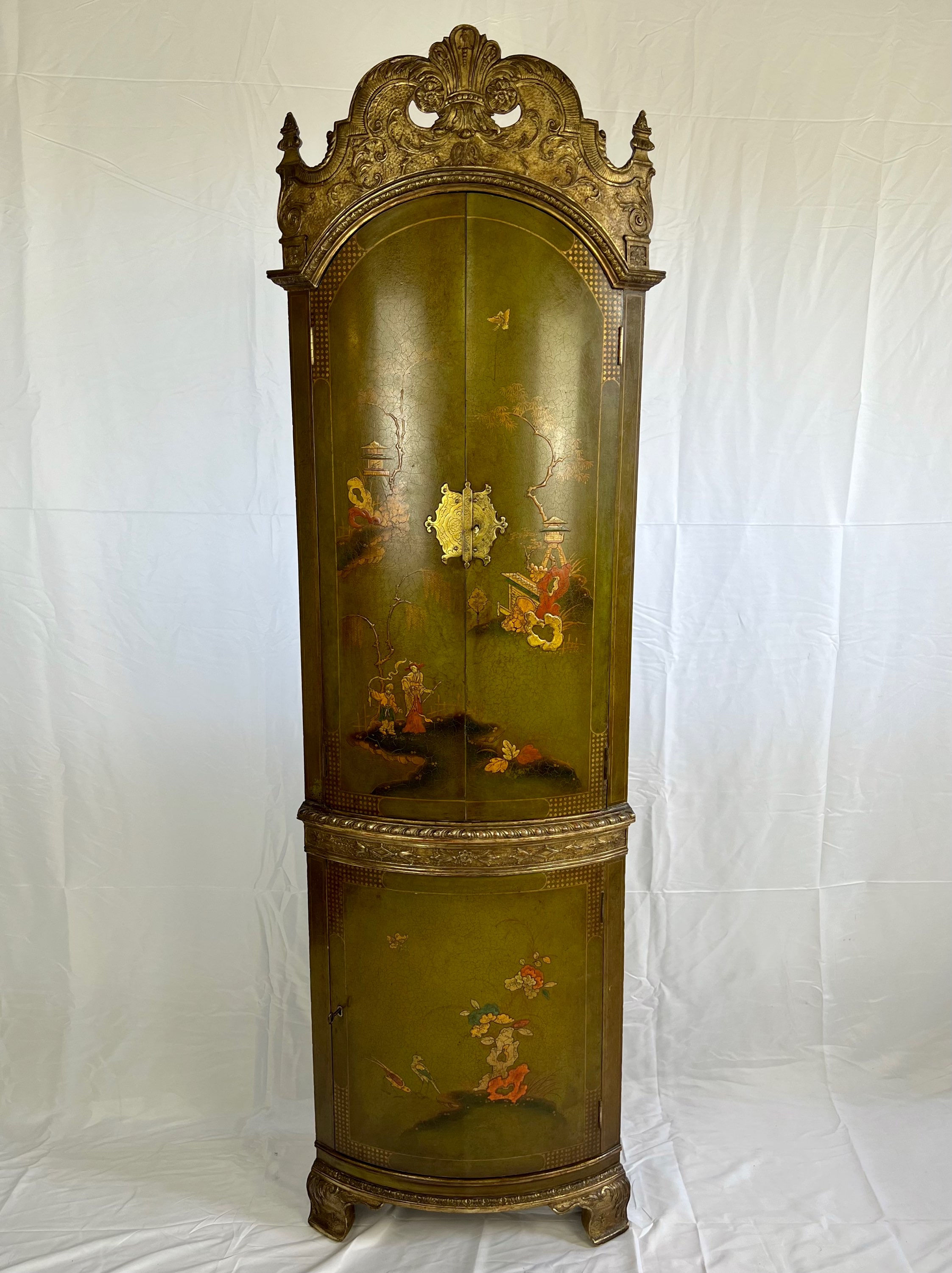 George I style lacquered gilt floor standing corner cupboard