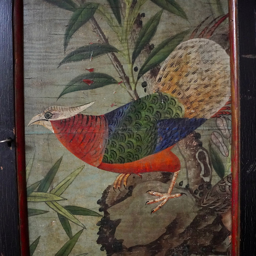 Thumbnail: Oriental Style Ebonised Painted Wall Cupboard Cabinet with Hand Painted Bird