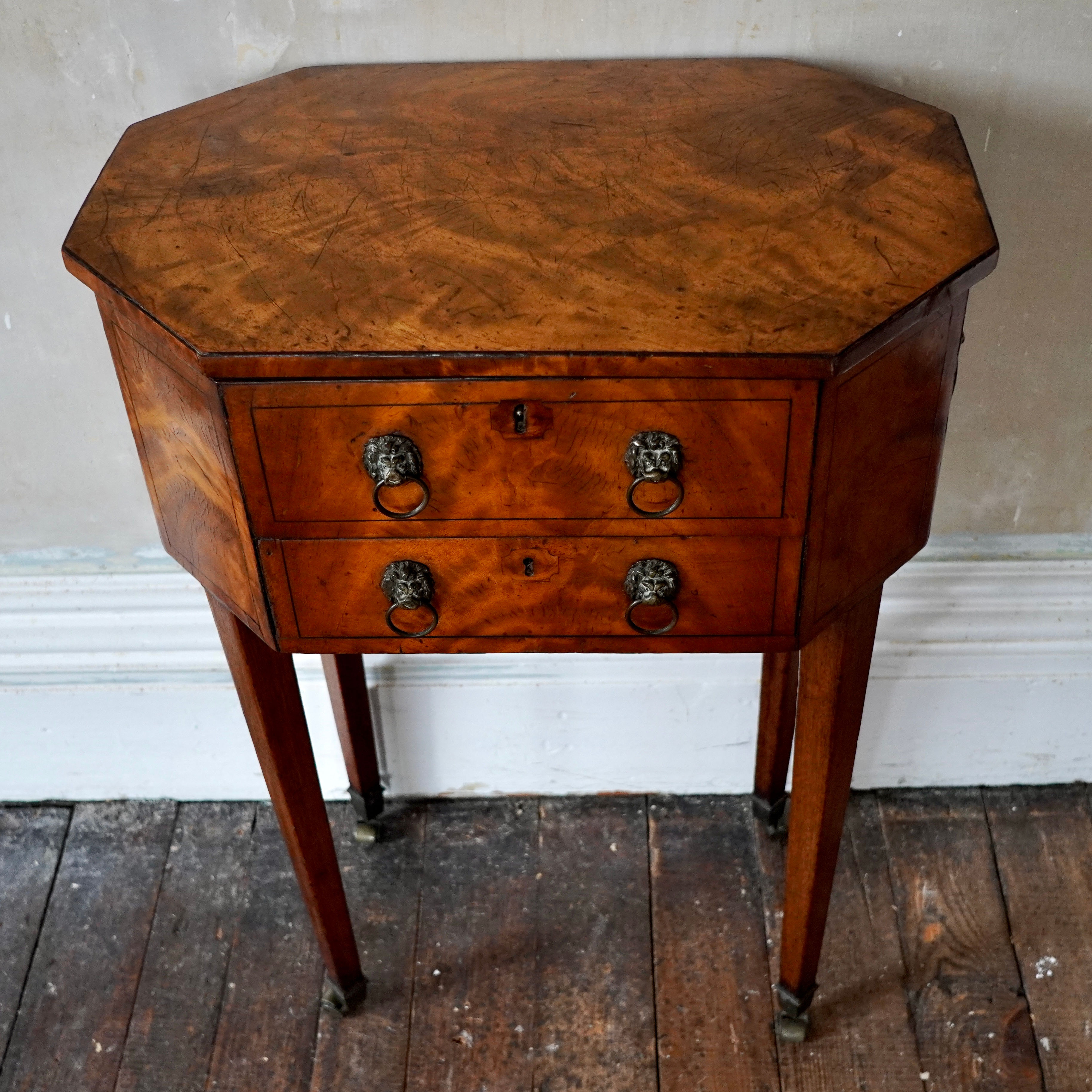 George III Satinwood Octagonal Work Table Sewing Table Lion Mask Handles c.1800