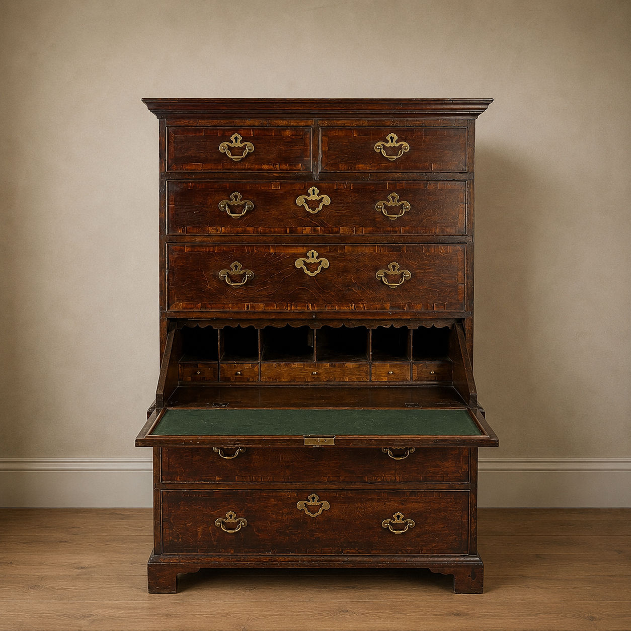 George II oak and yew banded secretaire
