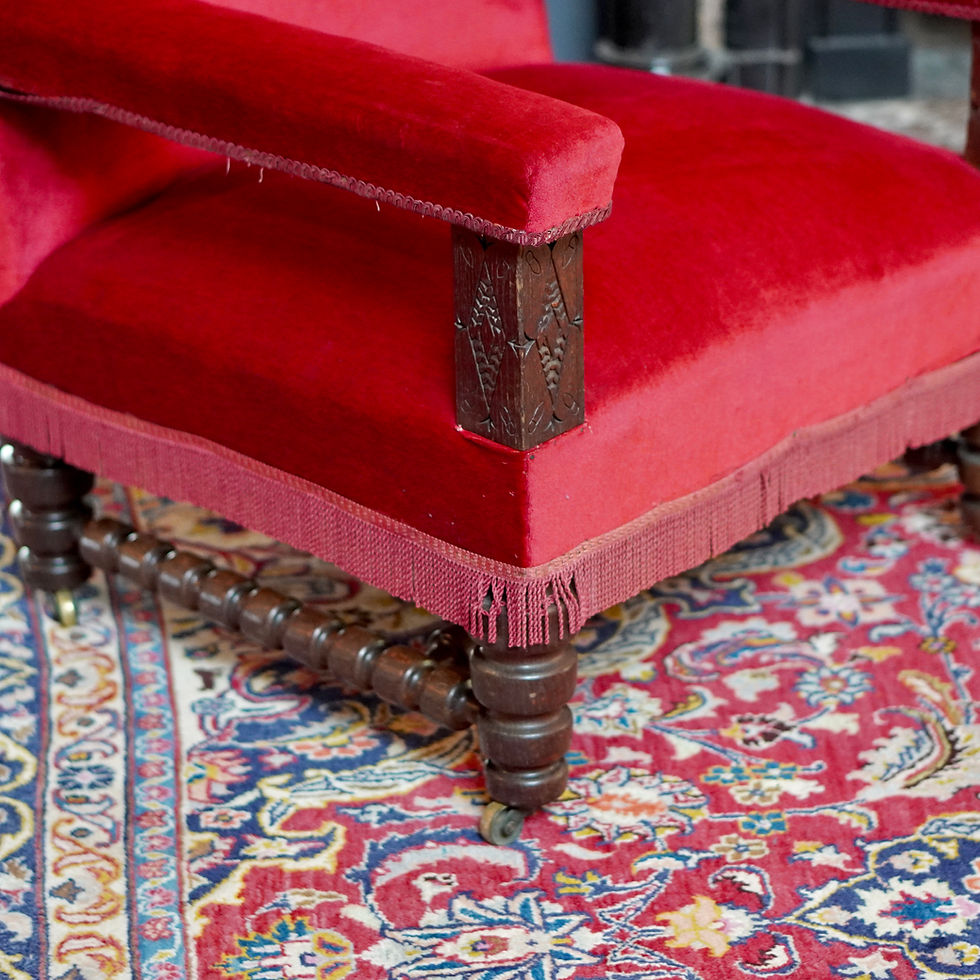 Thumbnail: Pair of oversized Victorian oak and red velvet armchairs
